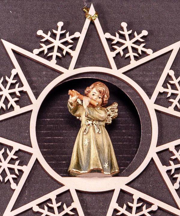 Bell Angel with Flute in Hanging Star with Snowflakes by PEMA