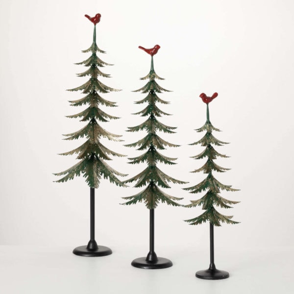 Cardinal-Topped Metal Pine Trees (Set of 3)