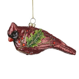 Cardinal with Sprig Glass Ornament