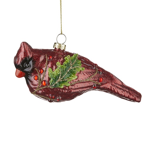 Cardinal with Sprig Glass Ornament