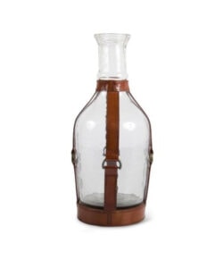 Large Glass Decanter with Leather Straps and Metal Buckle Accent