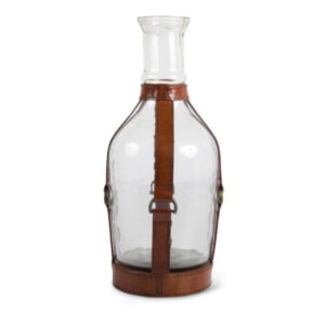 Large Glass Decanter with Leather Straps and Metal Buckle Accent