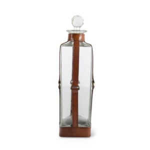 Narrow Glass Decanter with Leather Straps and Metal Buckle Accent