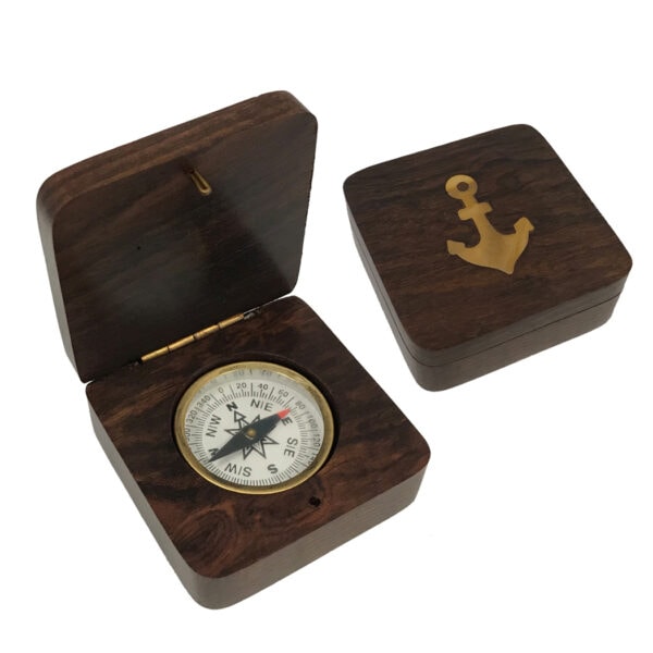 Anchor Wood Compass Box with Inlaid Brass Compass