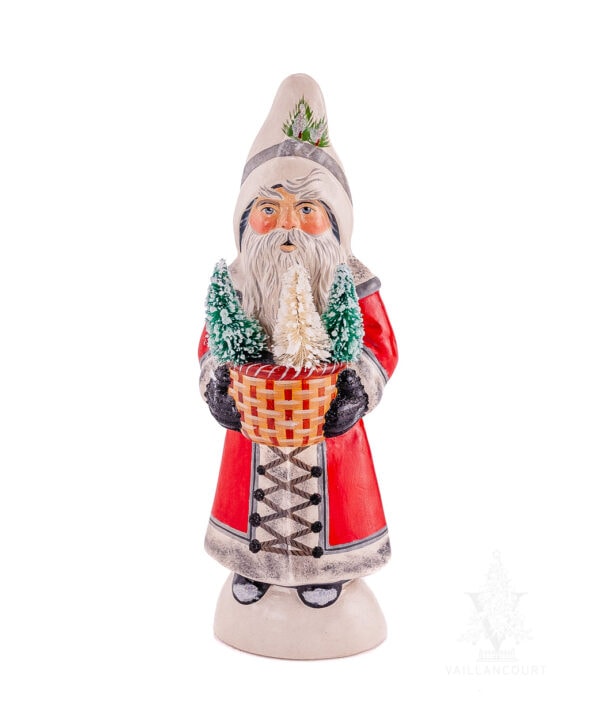 Red Santa With Woven Basket of Trees