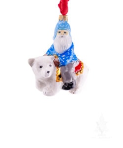 Small Santa in Blue Riding Polar Bear Ornament