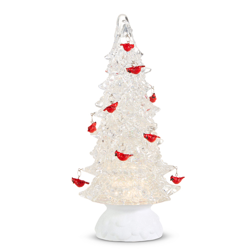 12" Lighted Tree with Cardinal Ornaments and Swirling Glitter