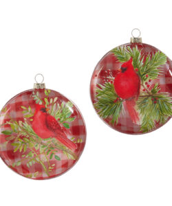 5" Gingham Cardinal on Branch Disc Ornament