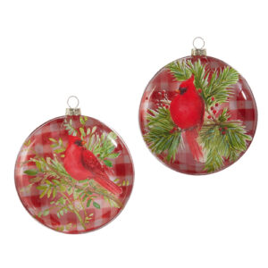 5" Gingham Cardinal on Branch Disc Ornament