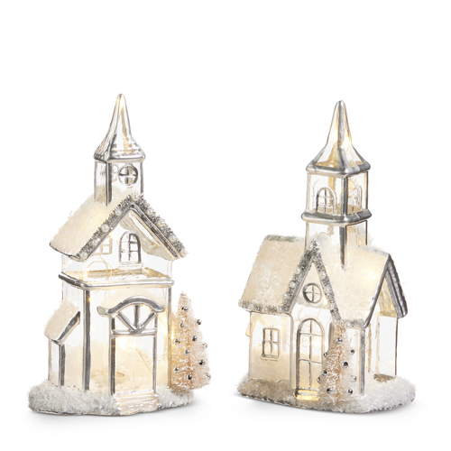 9" Lighted Silver Church (Assorted)