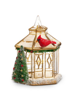 7" Lighted Gold Pagoda with Cardinal