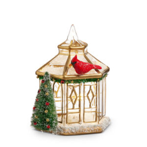 7" Lighted Gold Pagoda with Cardinal